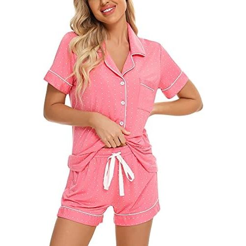 Anjue Womens Pajamas Set Short Sleeve Sleepwear Button Down Nightwear Shorts Soft Pj Sets S-XXL