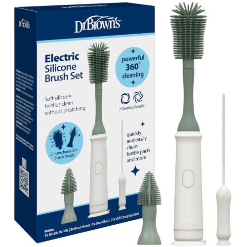 Dr. Brown's Electric Silicone Brush Set | Motorized 360° rotating brush effectively cleans with less effort, 2 interchangeable brush heads, bonus straw brush