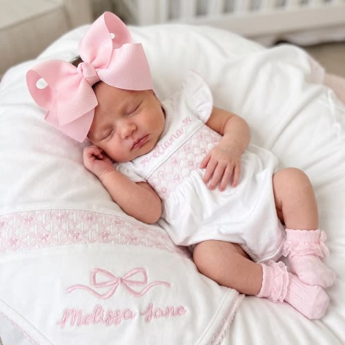 Luxury Heirloom Smocked Bows Girl coming home outfit, Floral Embroidery Romper Bubble, Pink bow100 Pima