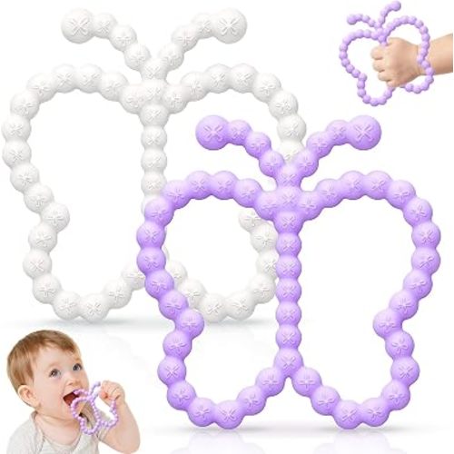 2 Pack Baby Teether Toys for 0-6 6-12 Month, Butterfly Teething Ring Toys