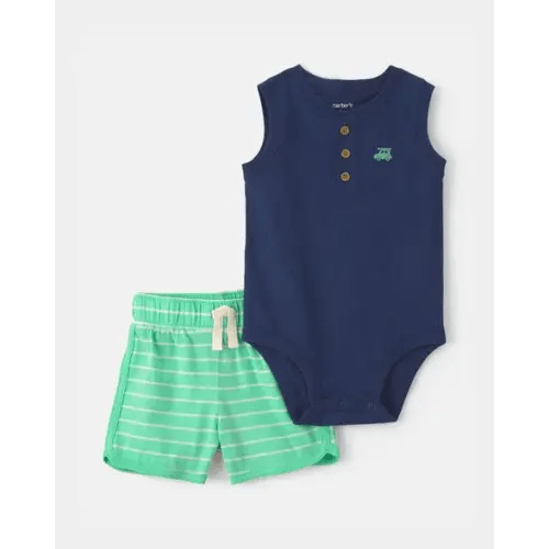 Baby Boy 2-Piece Car Striped Sleeveless Top & Short Set - Blue/Green | Carter's