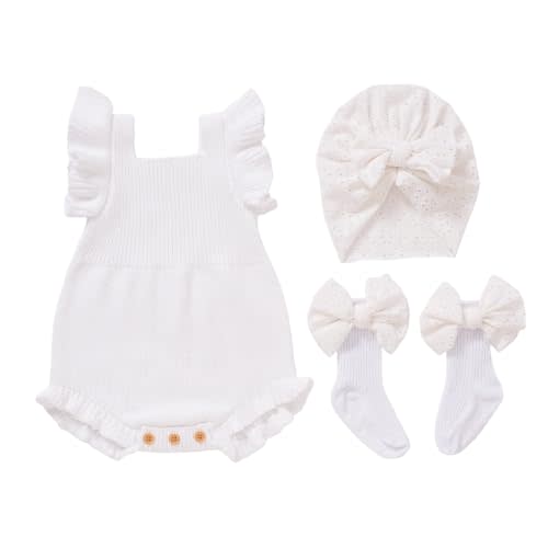 Neiwech Baby Girl Ruffle Knit Romper Outfit Set, Sleeveless Knitted Bodysuit with EyeletBow Turban Headband and Bow Socks