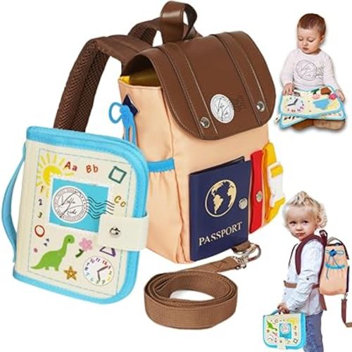 THREE-IN-ONE Toddler Backpack 1-3, Busy Book and Leash, Montessori Toys for 1 2 3 4 Year Old, Autism Sensory Toys, Travel Toys for Airplane Car, Pre-K Learning Fine Motor Skills, Gifts for Girl Boy