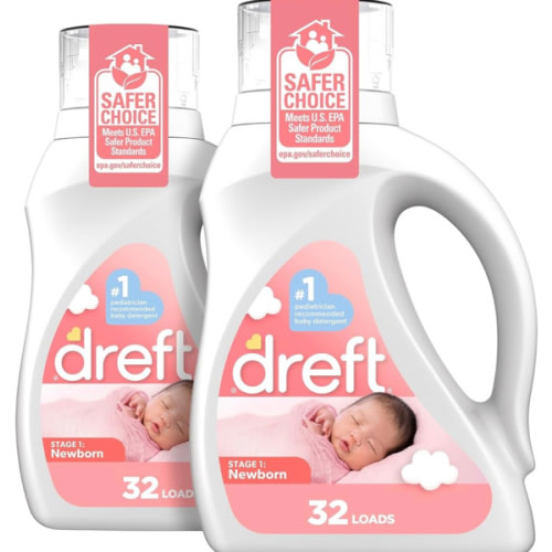 Dreft - Detergente líquido para ropa de bebé recién nacido, suave con piel sensible, compatible con lavadoras de alta eficiencia (HE), paquete de 2 unidades, 32 cargas cada una