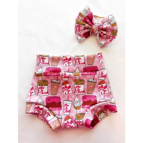 Baby Girl Toddler fast FOOD Bummies Nylon Bow set 0-3 months-4t Shorties Headband diaper cover chick chicken drink Fabric Icecream