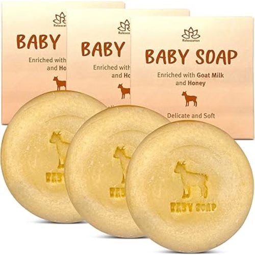 Relaxcation 3 Baby Soap Bars with Goat Milk and Honey - Naturally Cold Processed from Organic Ingredients - Handmade in USA - Ideal fro Newborns, babys, Kids and Adults (Pack of 3