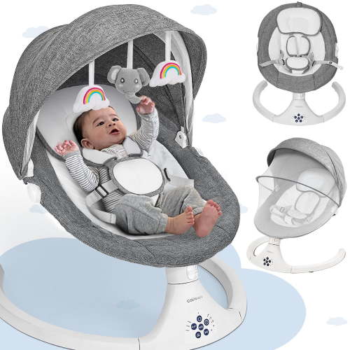 Baby Swing for Infants, Caveen Electric Bluetooth Baby Rocker, 5 Swing Speeds, 3 Seat Positions, Adapter & Battery Operated, Gray