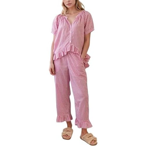 Flygo Womens Plaid 2 Piece Pajamas Sets Gingham Button Down Puff Sleeve Babydoll Shirt Ruffle Pants Y2K Pjs Lounge Set