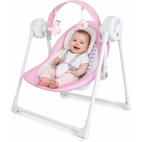 Baby Swing SpaceSaver Ultra-Compact Foldable Infant Swing (Fits in 5.3" Gaps!) 6 Speed Modes | Portable Newborn Swing for Travel/Car/Picnic (0-6M, 6-20lbs Pink)