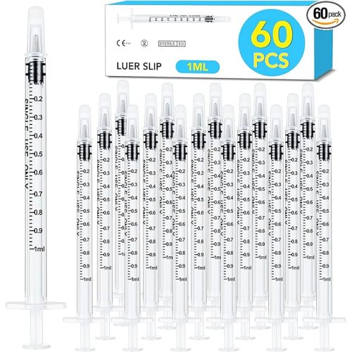 60 PCS 1ml Syringe with Cap for Liquid,Oral Syringes without Needle for Medicine Dropper, Colostrum Collect, Liquid Measuring, Individually Sealed, Luer Slip