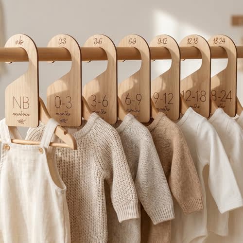 Beautiful Wooden Baby Closet Dividers Set of 7 - Newborn to 24 Months | Double-sided Nursery Hanger Dividers Easily Organize Your Little Girls or Boys Room Clothes by Size