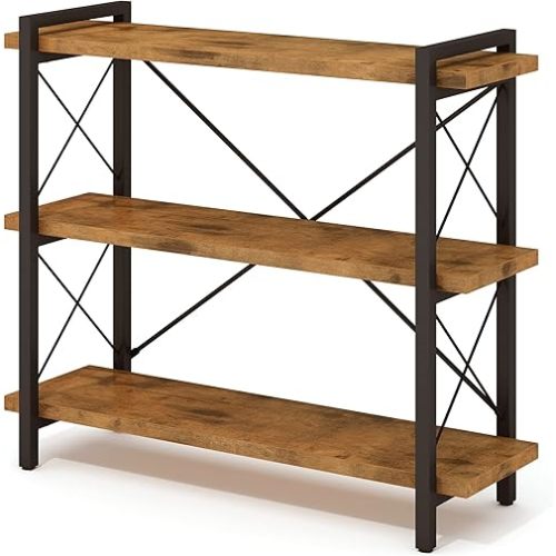 HCHQHS Bookshelf, 3-Tier Industrial Bookcase, Rustic Open Book Shelf, Wood and Metal Horizontal Bookshelves