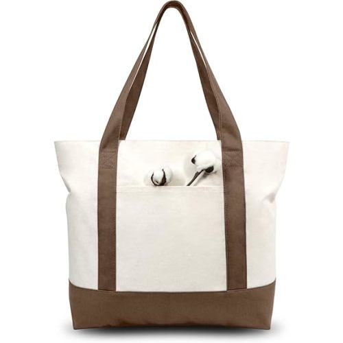 TOPDesign 1-Pack Canvas Tote Bag with an External Pocket, Reusable Grocery Shopping Bag, Top Zipper Closure, Daily Essentials (Brown/Natural)