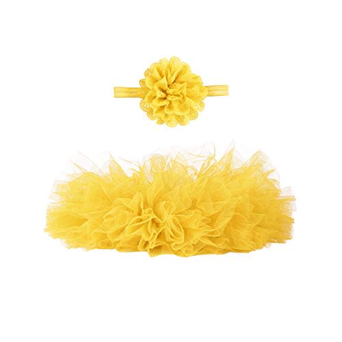 Angla 2pcs Fluffy 4 Layed Tulle Tutu Skirt with Flower Headbands for Baby Girls Newborns Infants Toddlers 0-12 Months