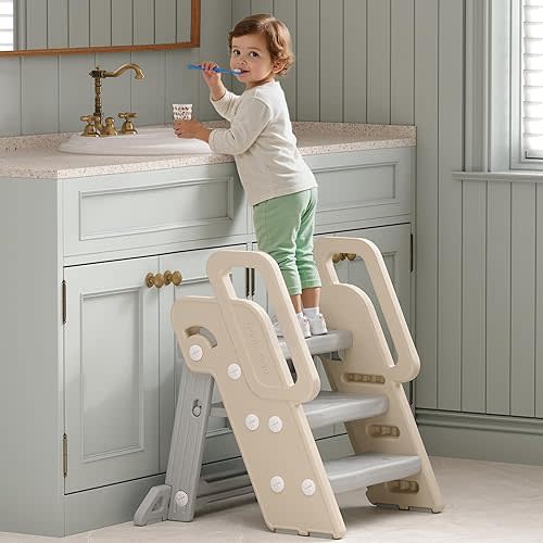 Foldable Step Stool for Bathroom Sink - Adjustable Toilet Trainer & Anti-Tip Guard - Kitchen Learning Stool with Safety Rail,Bookshelf Ladder for Toddlers with Safety Lock,Grey