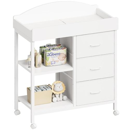 Changing Table, 3 Drawers&2 Shelves, Changing Table Dresser, Brown | Baby Changing Table,Waterproof Diaper pad & Safety Strap, Mobile wheels, Baby Dresser with Changing Table Top, Nursery