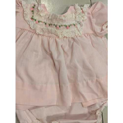Vintage Pink Baby Dress with Rosettes & Lace (Newborn to 3 Months)