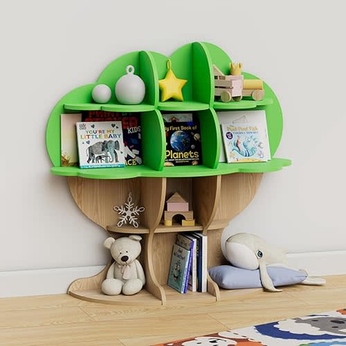 Light Green Tree Kids Bookshelf Toddler Bookcase 4-Tier Baby Book Rack Children Toy Storage Organizer Forest Wood Display Shelf Nursery Playroom Bedroom Classroom School Homeschooling Boy Girl’s Gift