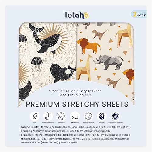 Graco Pack and Play Sheets - Fitted, Hypoallergenic Mini Crib Sheets - Boy - Zoo Safari & Sea Animals - 2 Pack