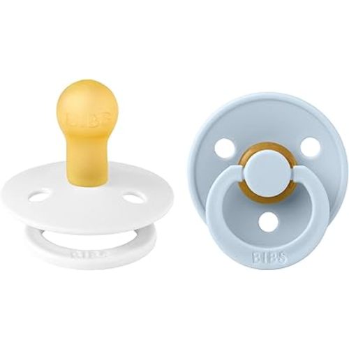 BIBS Colour Pacifiers | Set of 2 BPA-Free Latex Baby Pacifiers | Round Nipple | Made in Denmark (Baby Blue/White | 0-6 Months)