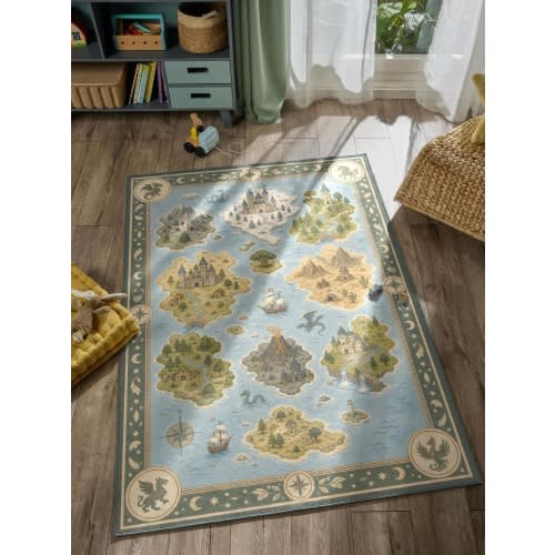 Fantasy Map Kids Rug, Dragon Castle Adventure Nursery Print, Playroom Decor