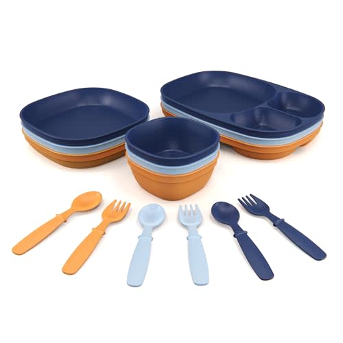 MightyMoe Toddler Dinnerware Set, 15pc Plates Bowls & Trays - Made in USA, Microwave and Dishwasher Safe, BPA Free, Shatter Resistant, Sunset Color, Toddler Tableware