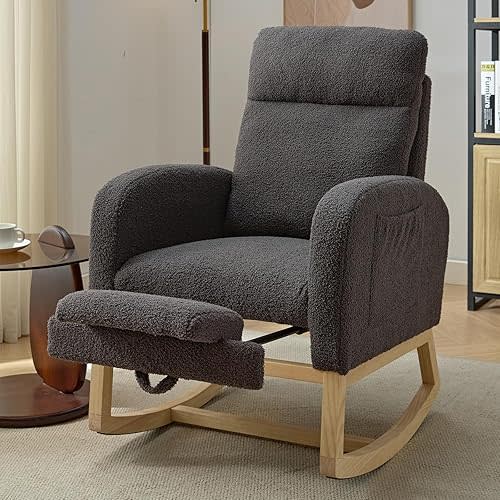 NIOIIKIT Modern Nursery Rocking Chair, Teddy Upholstered Rocking Chair with Footrest, Comfortable Rocker Chair with Side Pocket, Rocker Chair for Living Room, Bedroom, Nursing Room (Grey)