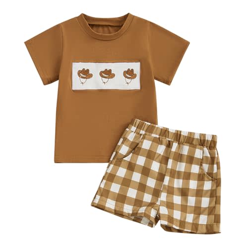 Licupiee Toddler Baby Boys Western Outfits Embroidery Cow Short Sleeve T Shirt and Plaid Shorts Sets 2Pcs Summer Clothes Set