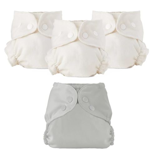 Esembly Cloth Diaper Bundle Set - 3 Organic Cotton Absorbent Inners and 1 Waterproof Outer Diaper Cover - Reusable, Washable, Snap Closure Cloth Diapers - Size 2 (18-35lbs), Dove