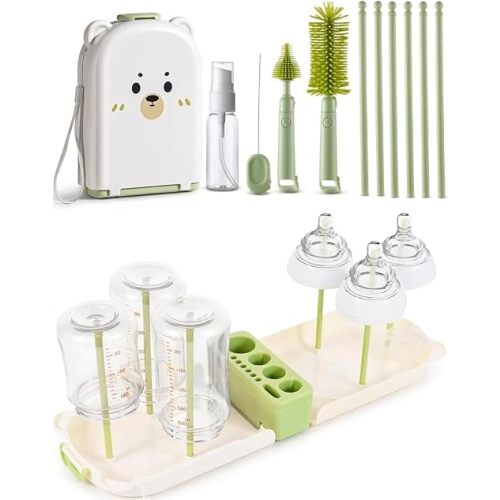 Travel Bottle Cleaner kit, 7in1 Baby Toddler Travel Essential Silicone Bottle Brush Set, Nipple, Drying Rack, Straw, & Breast Pump Cleaning, Soap Dispenser & Organizer Case, Gift Mom