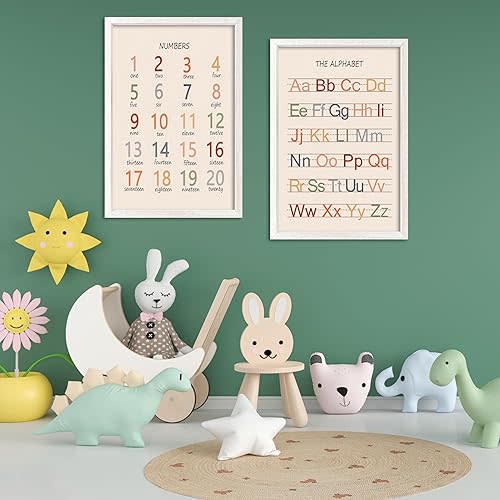 Cute Alphabet Numbers Framed Wall Art Set of 2, Neutral Educational ABC Poster Wooden Sign for Baby Girl Kid Boy Toddlers, Boho Preschool English Letters Nursery Decor for Homeschool Playroom Daycare