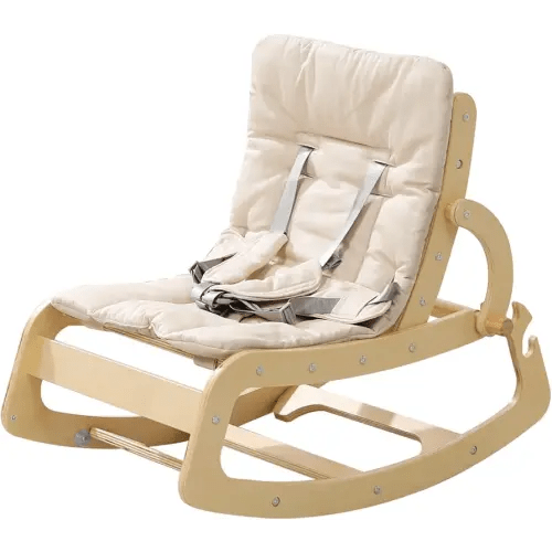 3-in-1 Baby Bouncer Adjustable Wooden Rocker Chair, Ergonomic Design Baby Lounger with Removable Cushion,Seat Belt and Booster, Recliner for Infants to Toddler (Beige)