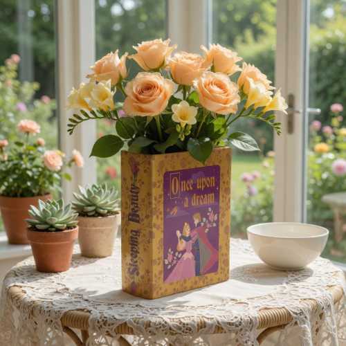 Sleeping Beauty Once Upon A Dream Ceramic Book Vase, Princess Aurora and Prince Phillip Flower Vase, Disney Fairytale Decor, Bookish Gift