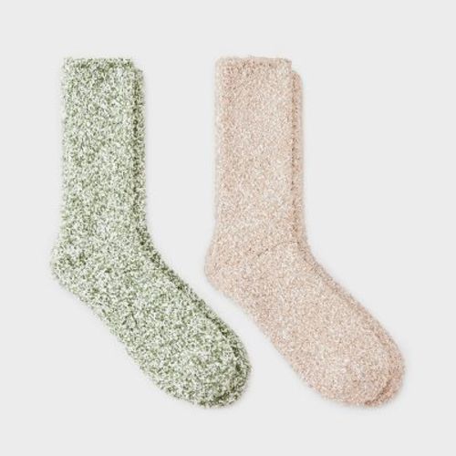 Women's Marled 2pk Cozy Crew Socks - Auden™ Green/Tan One Size