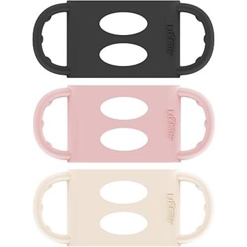 Dr. Brown's Wide-Neck Baby Bottle Handles, 100% Silicone, Easy Grip Removable Handles for Bottle to Sippy Cup Transition, Black/Ecru/Pink, 3-Pack, 4m+