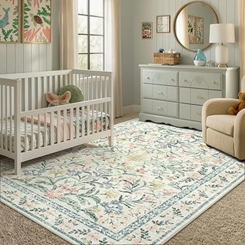 Morebes Washable Area Rugs 6x9, Boho Nursery Rug Girl Bedroom Non-Slip, Large Soft Vintage Distressed Floral Carpet for Living Room Foyer Home Office Decor, Cream