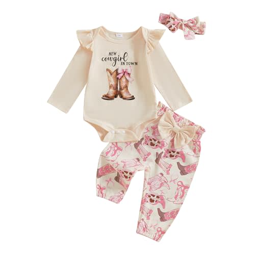 Fernvia Western Newborn Baby Girl Clothes Long Sleeve Letter Print Romper Animal Print Pants Headband 3Pcs Outfits Sets