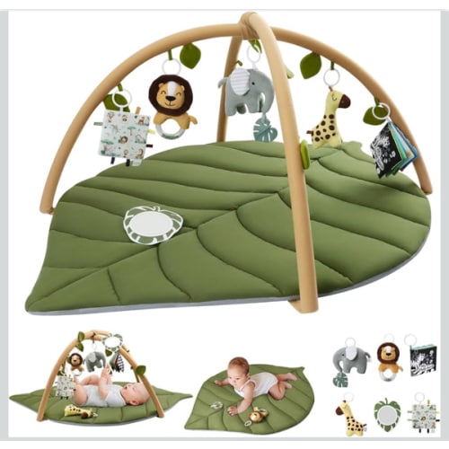 Blissful Diary Baby Play Gym & Activity Mat, Oversize Leaf Shaped Baby Play Mat w 6 Detachable Toys, Tummy Time Mat Promote Motor Skills & Sensory Development Mat, Newborn Infant Baby Essentials Gift