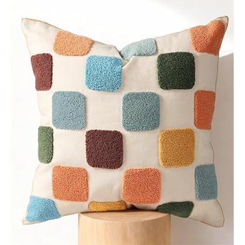 Embroidered Throw Pillow Cover 18x18 Inch, Colorful Plaid
