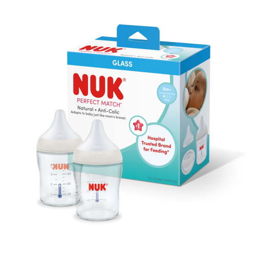 NUK Perfect Match Anti-Colic Glass Baby Bottle, Slow Flow Silicone Nipple, 4 oz, 2 Pack
