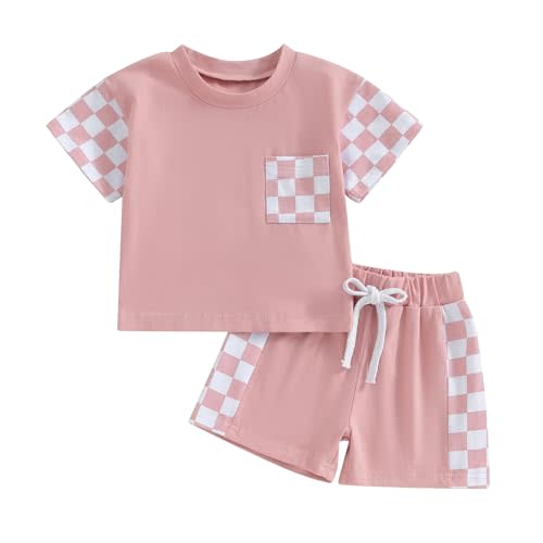 FOCUSNORM Toddler Baby Girl Outfit Newborn Girl Summer Clothes Short Sleeve T Shirt Checkerboard Top Set Elastic Waist Shorts