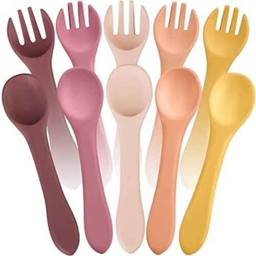 10 Pieces Baby Led Weaning Spoons and Forks Set Infant Silicone Spoon First Self Feed Baby training Utensils for Toddler First Stage Feeding Supplies for Kids Over 6 Months, 5 Pairs (Bright Colors)