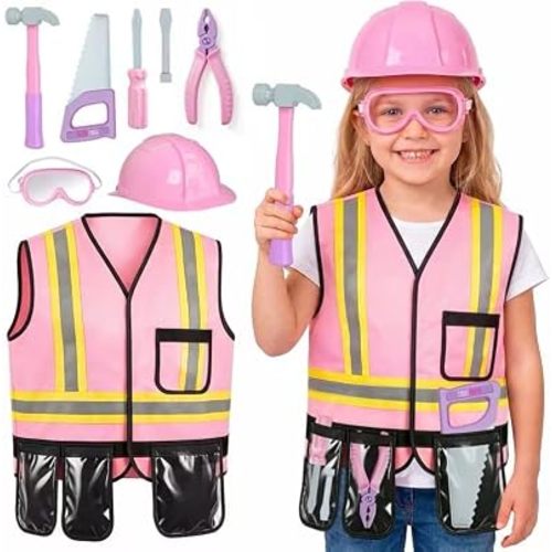 Pink Kids Tool Set with Construction Worker Costume for Girls Ages 3-5 - Toddler Dress Up Clothes, Toy Tools, Hat & Vest, Preschool Toys, STEM Educational Role Play Toys Gift