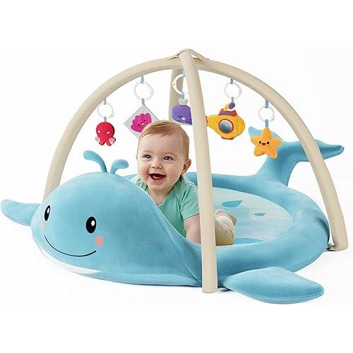 Baby Play Mat, Whale Tummy Time Mat with Toys, Baby Activity Gym for Infants 0–12 Months – 100% Cotton Sensory Floor Mat for Boys & Girls