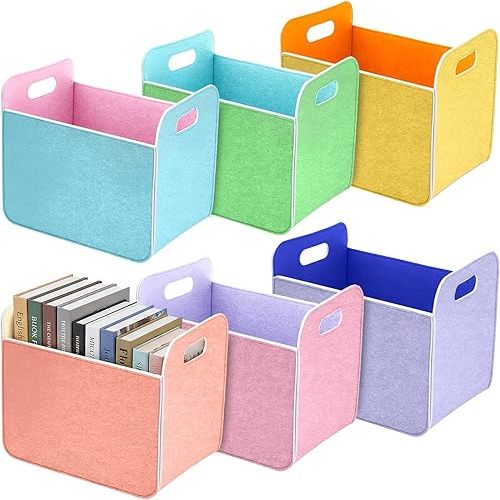 6 Pcs 14x10 Inch Colorful Felt Storage Basket Collapsible Fabric Storage Bins with Handle for Organizing Clothes Book Shelves Closet Bedroom Office Stuff Rectangular Organizer(Macaron)