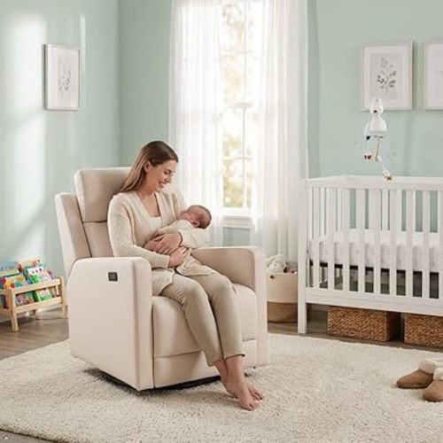 Pemberly Row Premium Fabric Glider Power Recliner Nursery Rocking Chair for Living Room, Kids Room, Rocker Swivel Recliner with USB Port in Tan Brown