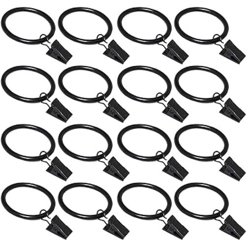 16 Pack Curtain Rings with Clips, Window Clip Rings Black Curtain Hooks Hangers Clip Rings for Hanging Drapery Drapes Bows, Small 1.26 Inch in Diameter, Fits up to 1" Rod
