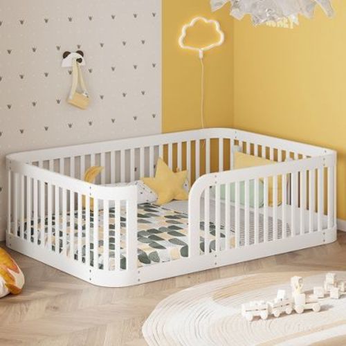 Bellemave Full Size Wood Floor Bed Frame with Fence, Solid Pine & MDF, Rounded Corners, Sturdy, DIY-Friendly, White, Kids Bedroom