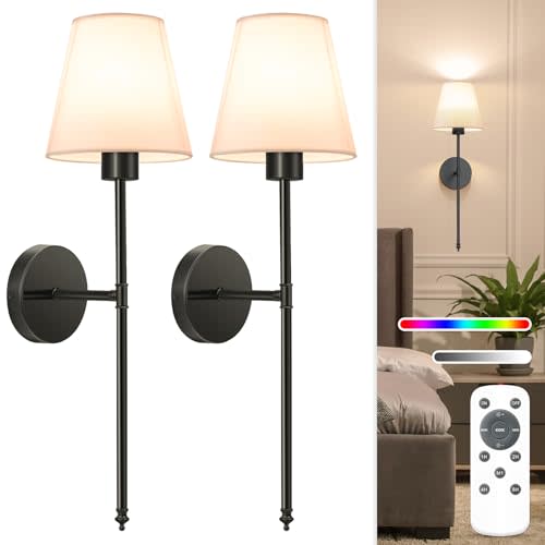 NIORSUN Battery Operated Wall Sconce Set of 2,Black Rechargeable Wall Lights with 5200mAh Dimmable Detachable Bulbs and Remote, 10 Colors Wireless Wall Lamps for Bedroom Living Room Hallway Decor