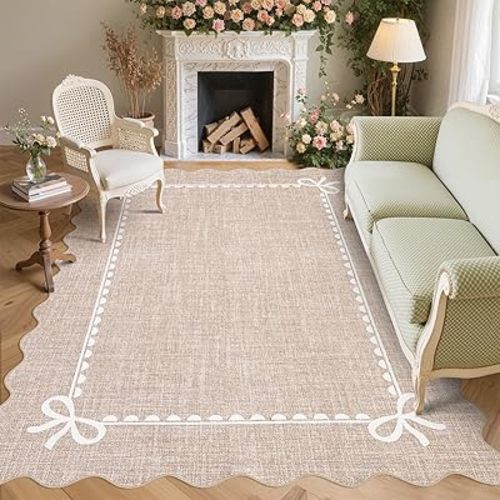 GarveeHome Scalloped Bow Rug for Living Room, Solid Camel Rug for Dorm, Washable Rugs 8x10 Soft Low Pile Non Slip Scalloped Rugs for Nursery College Bedroom Decor Kids Room Playroom